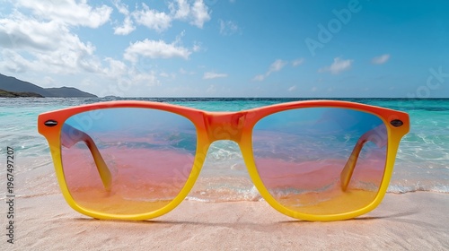 Bright Sunglasses Sit in Front of Waves on a Beach Under Sun in the Afternoon