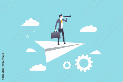 Businessman looks through a telescope atop a paper airplane envisioning success
