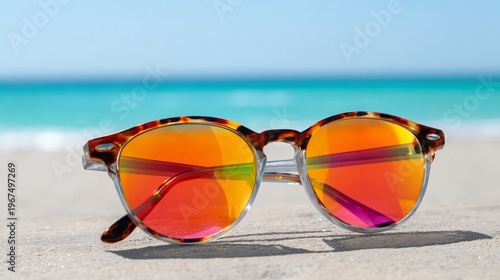 Bright Sunglasses Sit in Front of Waves on a Beach Under Sun in the Afternoon