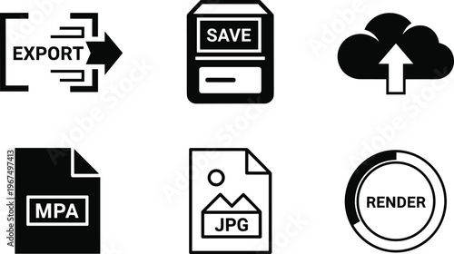 File management and data processing icons set including export save upload render jpg and media file formats isolated on white background