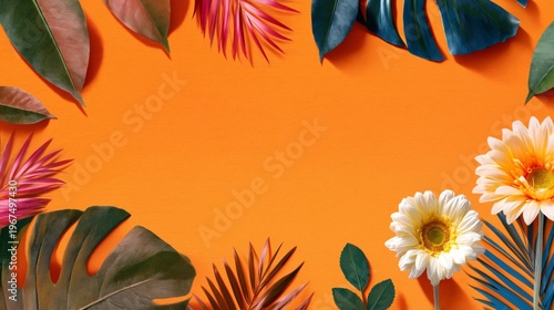 Bright Colored Leaves and Flowers Arranged on Orange Background in a Creative Setup
