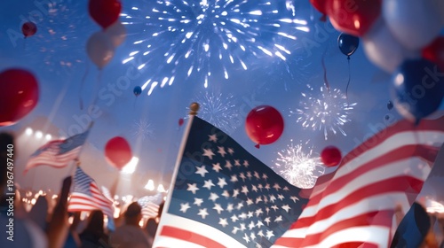 Fireworks and Flags During Celebration With Balloons in Night Sky
