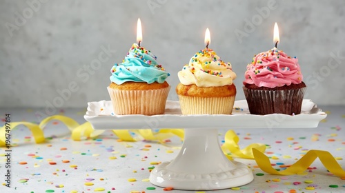 Three Cupcakes With Candles on a White Stand With Sprinkles and Ribbons on a ...