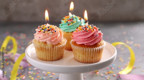 Birthday Celebration With Colorful Cupcakes and Candles on a White Table