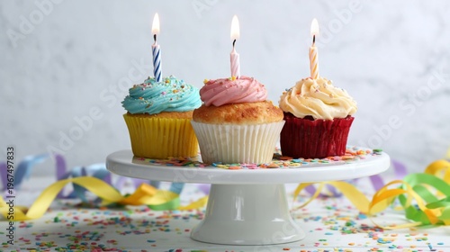 Three Cupcakes With Candles on a White Stand With Sprinkles and Ribbons on a ...