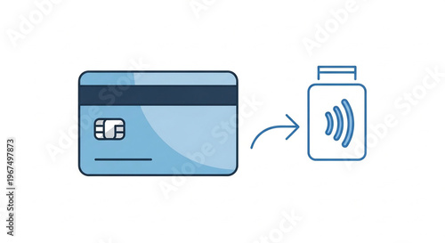 A vector graphic illustrating contactless payment with a credit card and smartphone