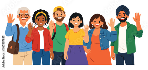 Group of happy diverse people standing together, smiling and waving, representing unity, acceptance, welcoming, and teamwork