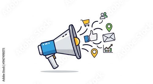 A colorful vector graphic of a megaphone with various marketing icons surrounding it