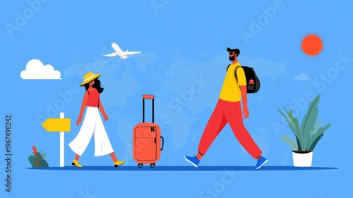People Walking With Luggage on a Sunny Day in a Travel Scene With a Plane in ...