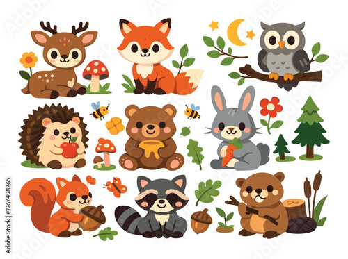 Cute woodland animals set featuring deer, fox, owl, rabbit, hedgehog, squirrel, raccoon, bear, and beaver in sweet cartoon style