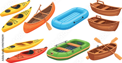 Vector Set of Colorful Kayaks, Inflatable Boats, and Wooden Rowboats with Paddles for Outdoor, Water Sports, and Adventure Designs