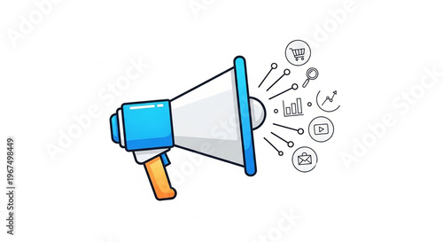 A colorful vector graphic of a megaphone with marketing icons surrounding it