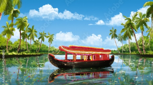 Traditional Boat Sails on Tranquil River Surrounded by Palm Trees in Bright Sky