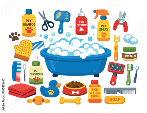Various pet grooming products and accessories for everyday hygiene, including a tub with bubbles, shampoo, brushes, and nail clippers