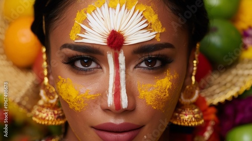 Woman With Traditional Makeup and Decorations at a Cultural Festival Celebration