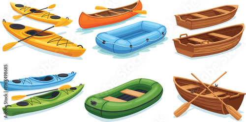 Vector Set of Kayaks, Inflatable Boats, and Wooden Rowboats with Paddles for Water Sports, Adventure, and Outdoor Activities Designs