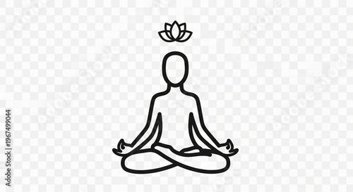 A minimalist vector graphic of a person meditating in lotus position with a lotus flower above their head.