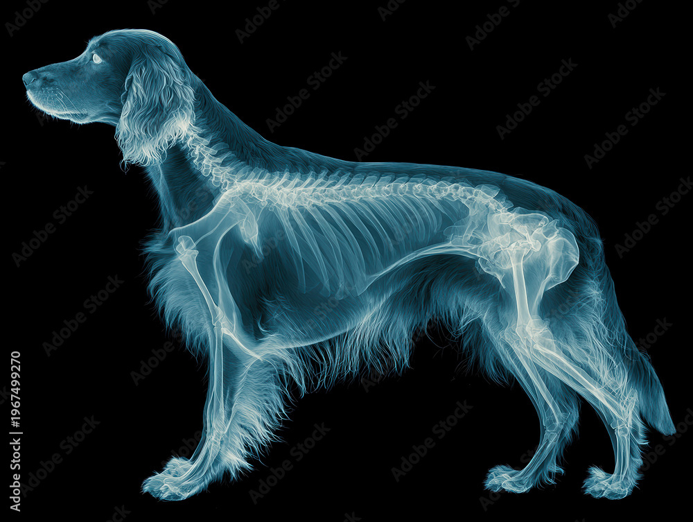 Fototapeta premium Detailed X-ray of an English Springer Spaniel skeleton, rendered in a realistic, stylized manner, showcasing the intricate structure from snout to hind legs Bones are colored blue and - AI-Generated