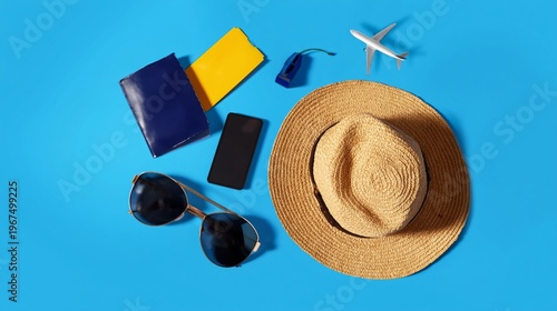 Packing Essentials for Summer Travel With a Straw Hat and Accessories on a Bl...