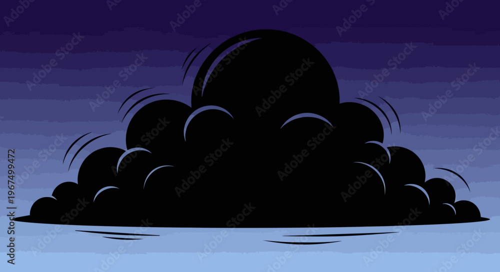 Fototapeta premium Cartoon style black smoke cloud illustration on a dark background.