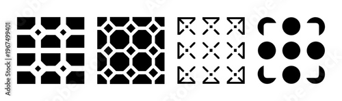 Set of four black and white abstract geometric patterns and textures.