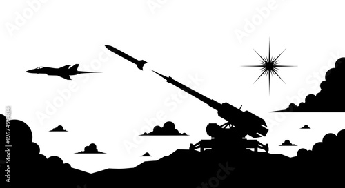 Air defense system launching missile against fighter jet.