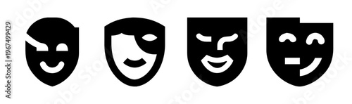 Collection of four theatrical masks representing different emotions and expressions.