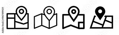 Set of four map icons with location pins, illustrating navigation and pinpointing.