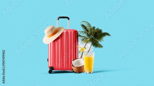 Travel Items Ready for Vacation on Bright Blue Background With Plenty of Space