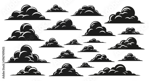 Collection of various dark storm clouds isolated on a white background.