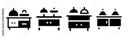 Collection of icons representing buffet serving stations with covered dishes and lamps.