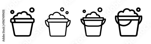 Set of four line art icons depicting buckets filled with soapy water and bubbles.