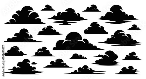 Dark cloud silhouettes set on a white background.