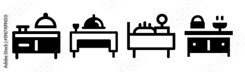 Icons of buffet serving stations with various dishes, glasses, and decorative elements.