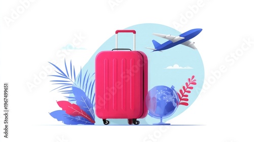 Travel Bags and Airplane Flying Above With Globe and Plants Around in Design