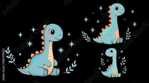 Cute blue dinosaur vector set, adorable cartoon brontosaurus with stars and leaves, nursery animal character collection for kids apparel
