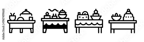 Vector icons of buffet tables laden with various food items and desserts.
