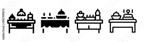 Set of vector icons depicting buffet tables with diverse food and dessert arrangements.
