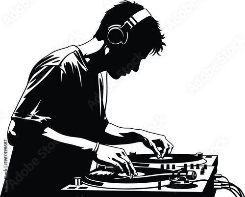 Disc Jockey Performing at Turntable Monochrome Vector Illustration
