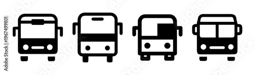 Front view icons of various buses and coaches for public transport and travel services