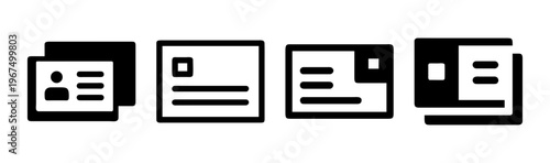 Set of minimalist icons depicting business cards and identification cards in various arrangements.
