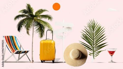 Bright Summer Scene With Suitcase, Palm Trees and Colorful Chair Set up for V...