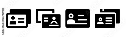 Group of simple, modern icons representing identification cards and business cards in black.