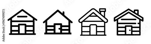 Log cabin icons representing rustic homes and rural living, simple outline styles.