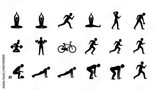 Fitness Exercise Silhouette Icons Set with Yoga Jogging and Workout Activities Vector Collection