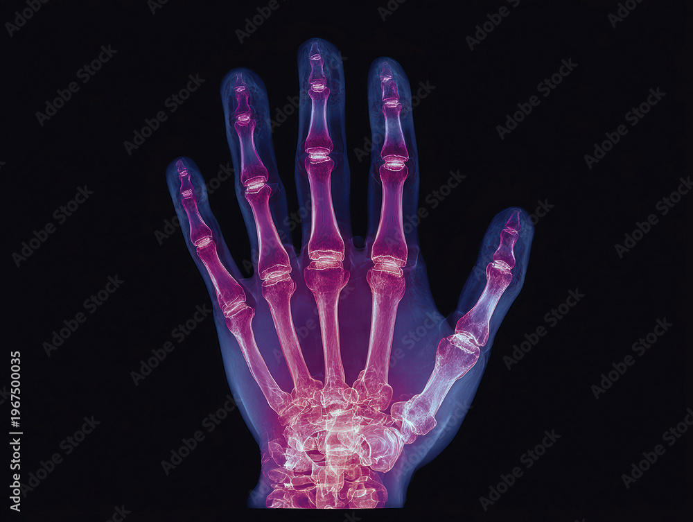 Naklejka premium Close-up X-ray of an adult human hand skeleton, with distinct colored bones against a dark backdrop - AI-Generated