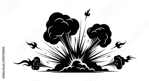 Explosion cloud black and white illustration.