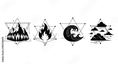 Four mystical elemental symbols in geometric frames.