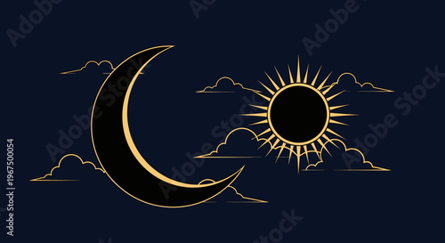 Golden Sun and Moon Celestial Night Sky with Clouds.