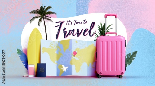 Travel Plans With Suitcase, Map, Passport, and Surfboard on a Colorful Backgr...